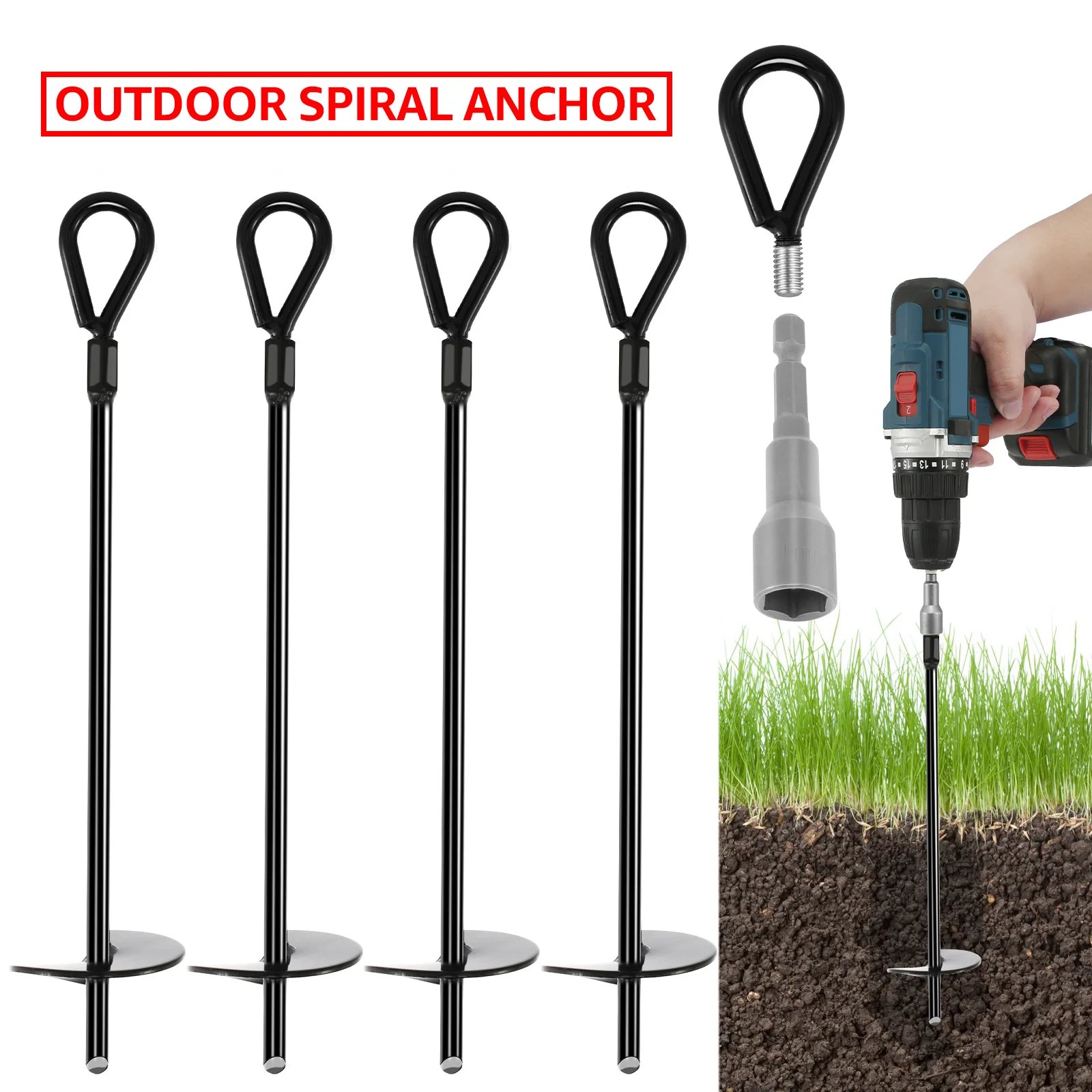 4Pcs Ground Anchors 18inch Spiral Earth Anchors Kit Heavy Duty Metal Ground Anchor with Removable Round Ring Ground Stakes 4