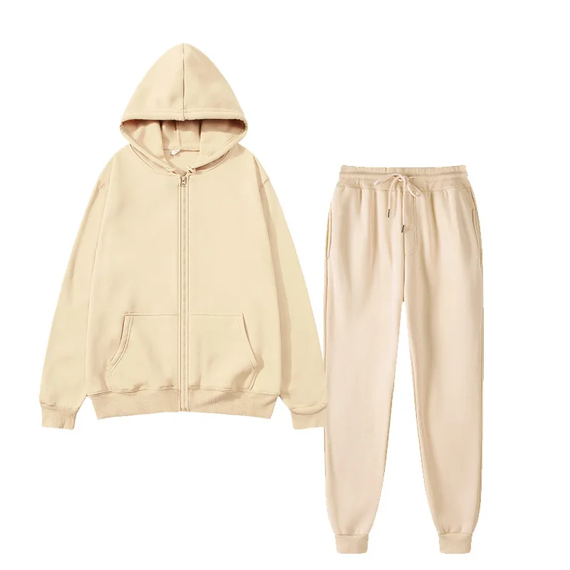 Unisex solid color sportswear set, fashionable and casual, autumn and winter warm zipper hooded cardigan sweatshirt+sweatpants view 4