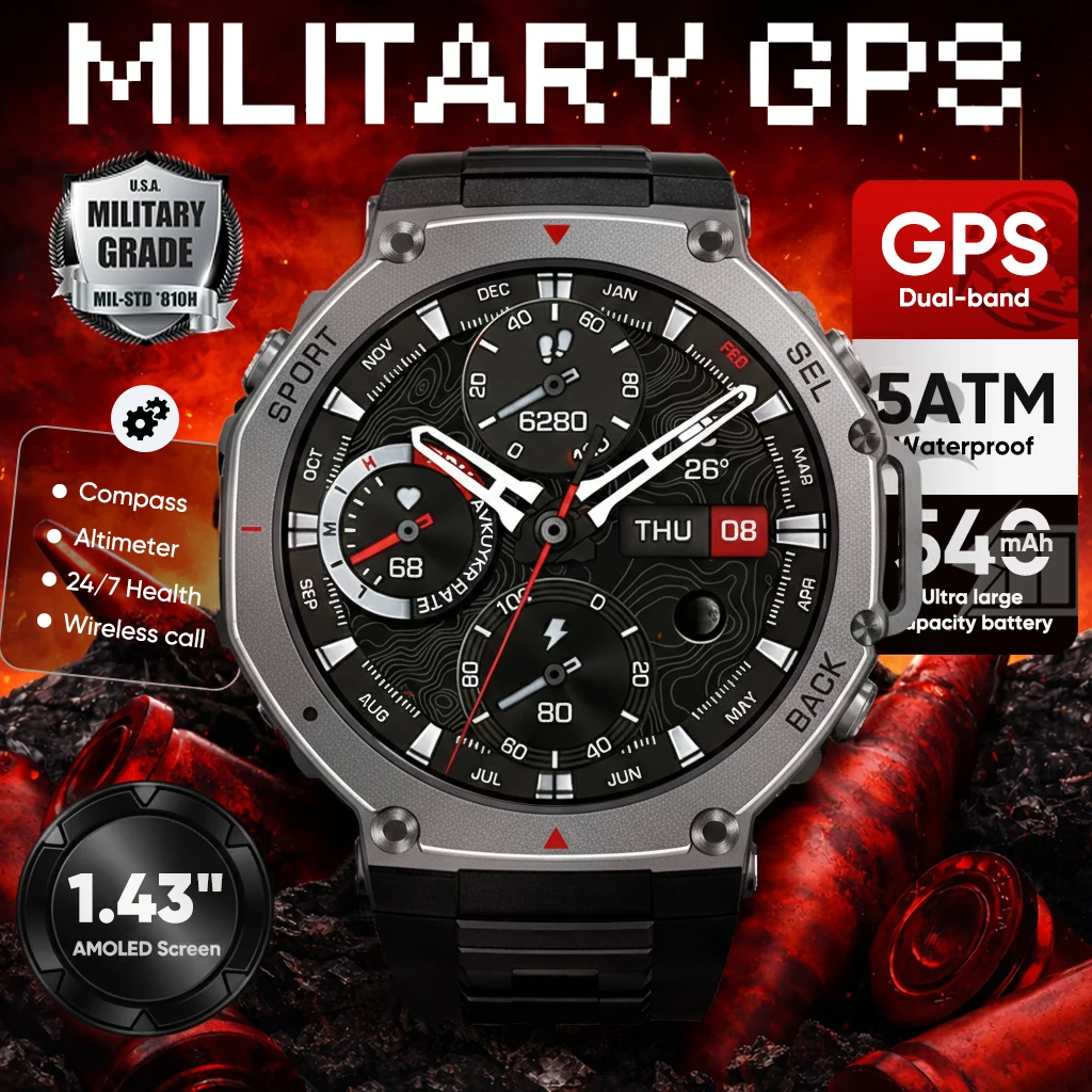 2026 New T-REX 3 Dual-Band GPS Military Smart Watch 48mm 10ATM Water-Resistant 540mAh Battery Compass Altimeter AGPS Smart Watch 1