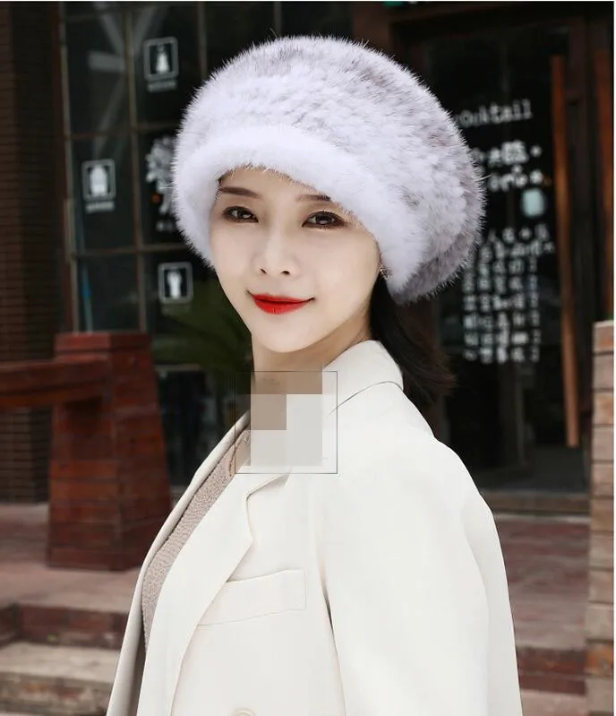 Echte Nerz Pelz Gestrickte Hut Elegante frauen Winter Caps Neue Mode Dicke Warme Lose Hüte mit Krempe – Detail 11