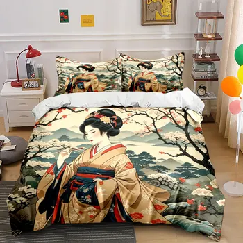 Oriental Vintage Japanese Kimono Lady Plum Blossom Mountain Bedding Set,Watercolor Cherry Lake Print 1 Duvet Cover 2 Pillowcase 1