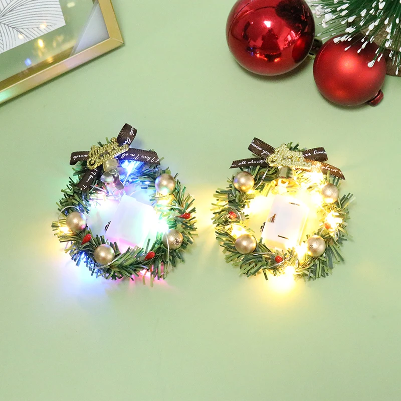 1Pc 1:12 1/6 Dollhouse Miniature Mini Christmas Garland Wreath with Light Model Dollhouse Decor Accessories