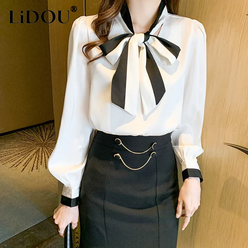 Spring Autumn Korean Fashion Elegant Bow Shirt Office Lady Long Sleeve Temperament All-match Bottoming Blouse Women Cardigan Top