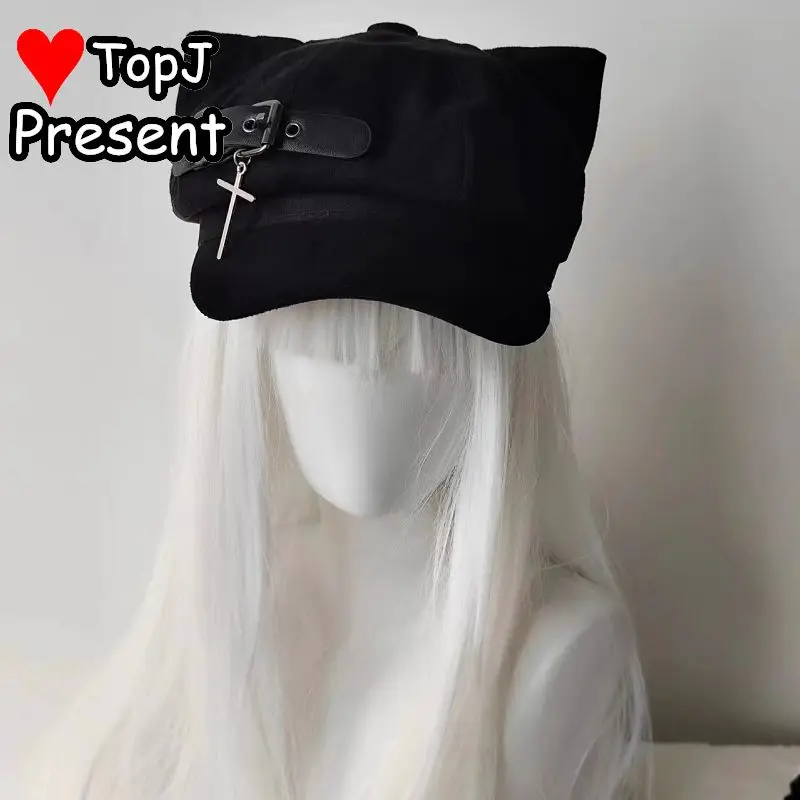펑크 서브컬쳐 팔각형 모자 고양이 귀 십자가 가죽 버클 남녀공용 다용도 베레모 화가 모자 고스 Y2K 하라주쿠 캡