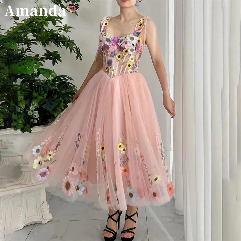 

Amanda Princess Baby Pink vestidos de noche Appliques Prom Dresses Elegant Sleeveless A-line Tulle Ankle-Length Formal Evening