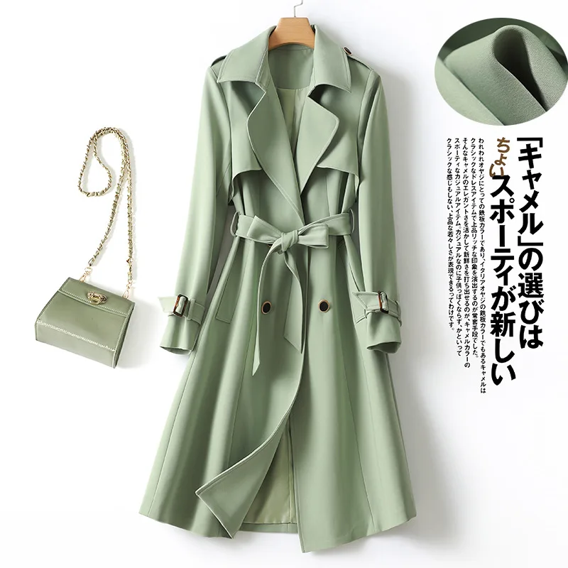 Elegant Long Coats and Jackets Women Light Green Lapel Belted Spring Autumn Trench Coat Office Lady Windbreaker New in Outerwear