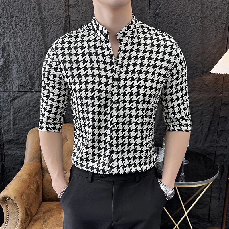 Korean Style Slim Fit Houndstooth Plaid Casual Shirt Men Chinese Collar New Summer Half Sleeve Non-iron Shirt Male 4XL Green New