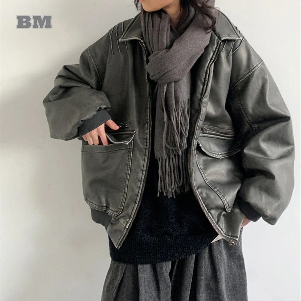 

Winter Thick Jackets For Men Women Streetwear Korean Fashion Motorcycle Leather Jacket Harajuku High Quality Casual Couple Coat