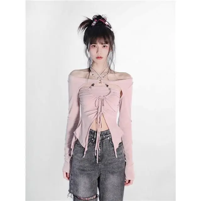 

Hollow Out T-shirt Sexy Women Slash Neck Off Shoulder Irregular T-shirt 2023 Summer Y2k Korean Long Sleeve Crop Top