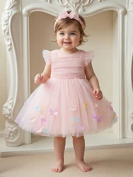 Enchanting Pink Princess Dress for Baby's First Birthday - Flutter Sleeves & Flowing Gauze Skirt (Pink)