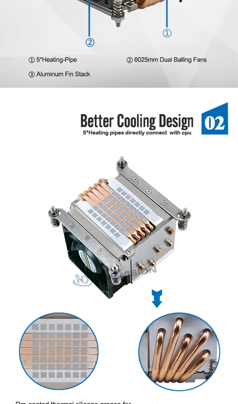 LGA1700 2U Ativo Embutido CPU Cooler, 5Heatpipes,