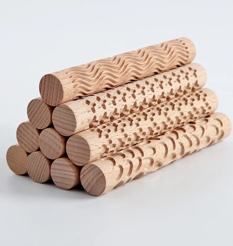 Pottery Clay Wood Texture Rolling Pin Pressed Printing Striped