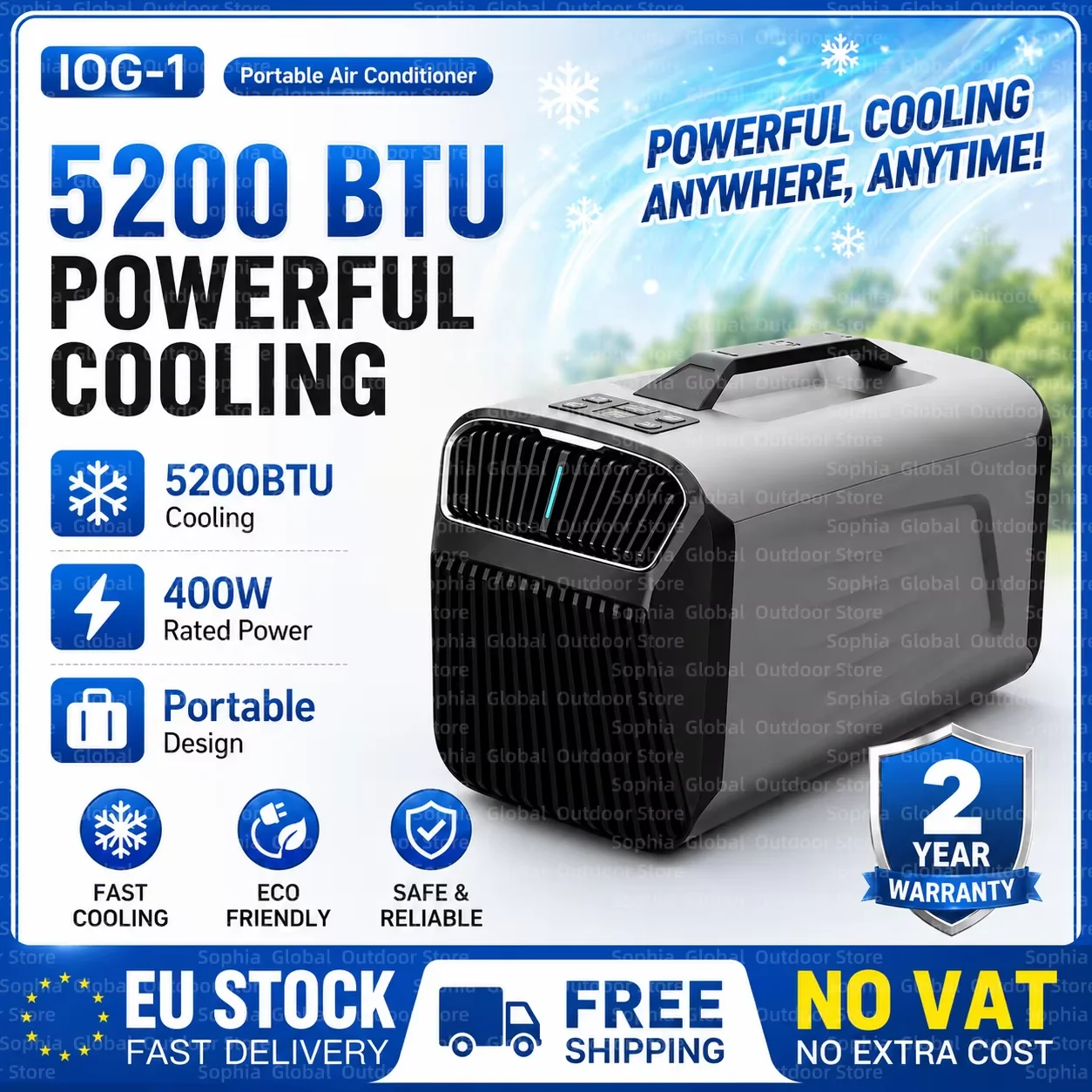 Climatiseur portable IOG-1 5200BTU 400W 220V 50Hz, mini climatiseur mobile pour tente de camping, unité de climatisation portable à brancher pour voyage, petit climatiseur pour usage extérieur, camping-car et maison. 1