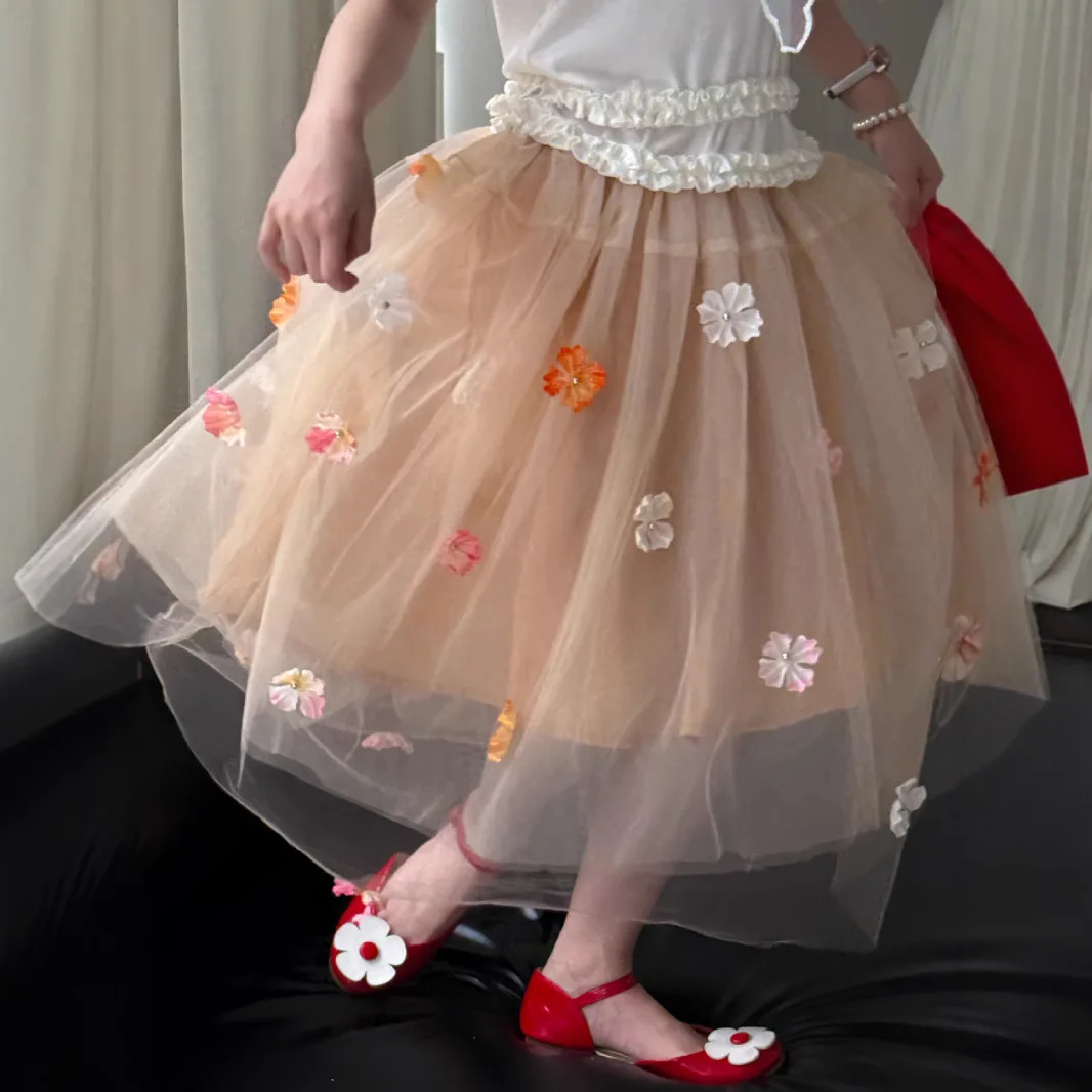 Kid Baby Girl Summer Mesh Skirt Cotton Colorful Flower Toddler Girls Skirt Sweet 3D Flower Multi-layer Tulle For 2-8Y Girl
