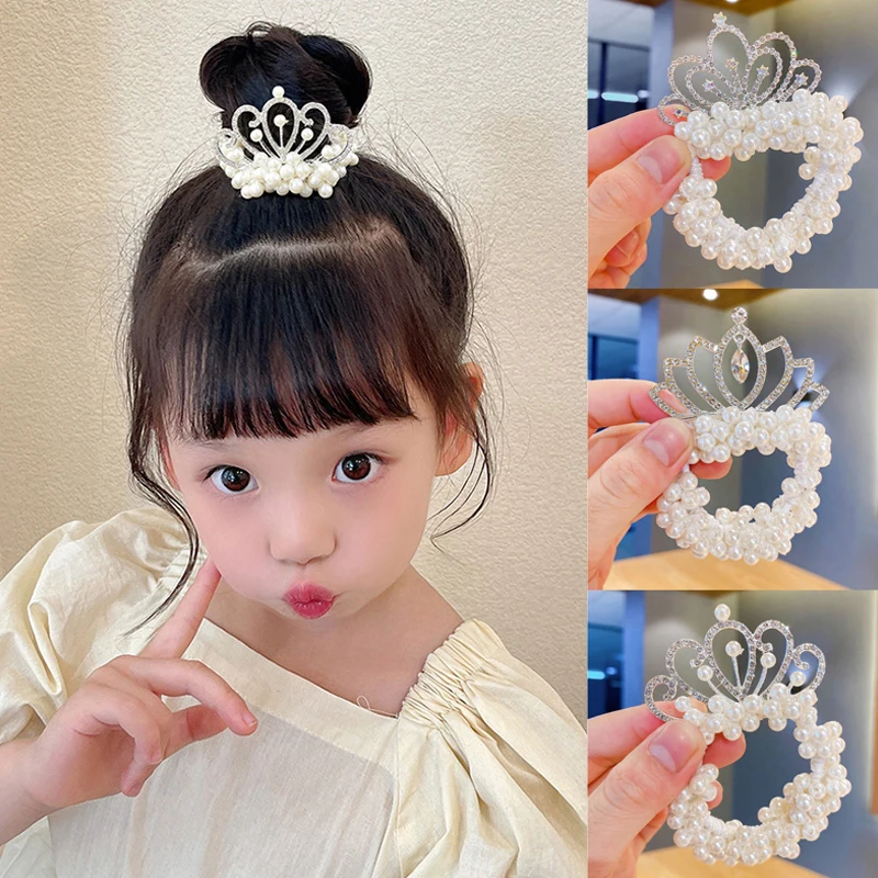 

Pearl Head Rope Scrunchies Children's Crown Tiara Hair Ties Princess Hair Ring Cute Fashion Rubber Band Flower Hair Rope