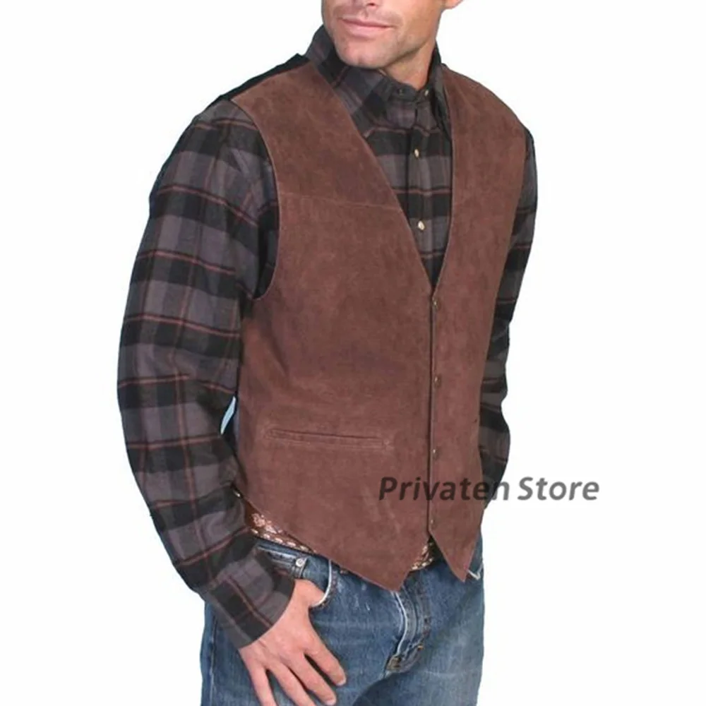 Жилет мужской замшевый, однобортный винтажный жилет на пуговицах, с V-образным вырезом, темно-коричневый, в стиле стимпанк