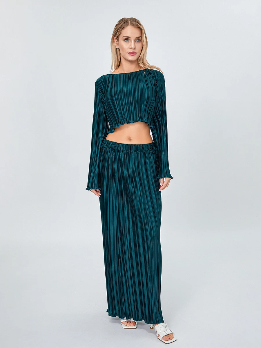 

Women's Spring Autumn Two Piece Skirt Outfits Long Flared Sleeve Crop Tops Solid Color Long Skirt Set