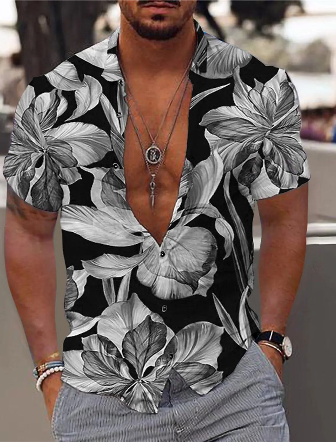 thumbnail image 1 of Camisa de hombre Camisa gráfica Camisa hawaiana Estampado floral Camisa de exterior de manga corta con botones Ropa estampada Casual Transpirable, 1 of 4