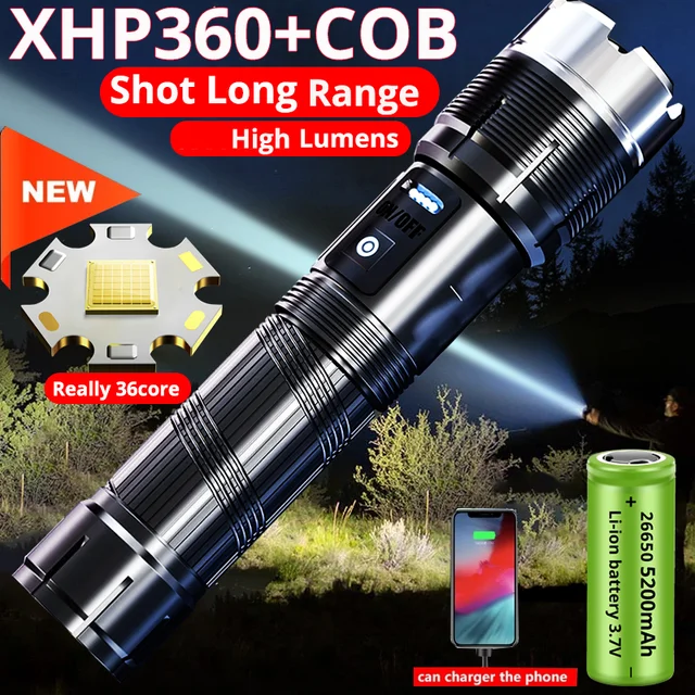 Linterna Led XHP360 superbrillante de larga distancia, linterna Ultra  potente recargable con carga USB, reflector de pesca - AliExpress