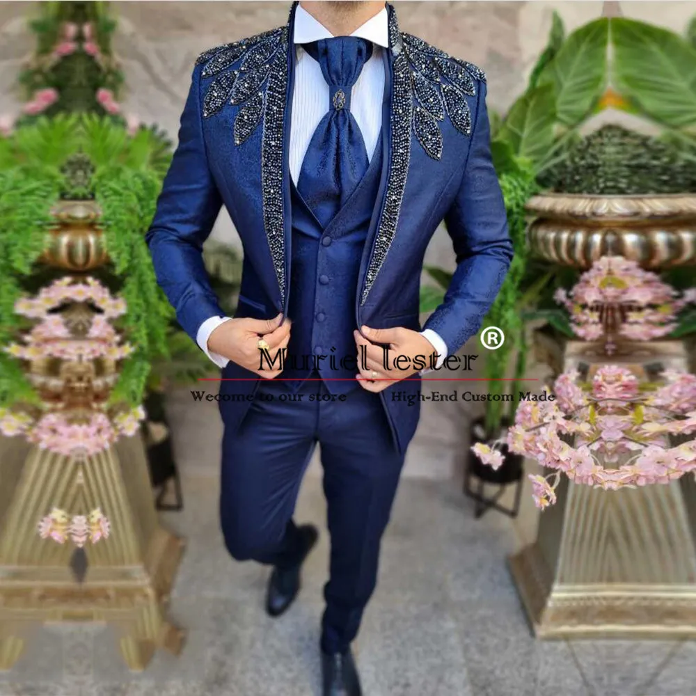 

Crystals Beading Suit Men Slim Fit Vintage Jacquard Prom Blazer Male Fashion Groom Wedding Tuxedo 3 Pcs Trajes De Hombre Elegant