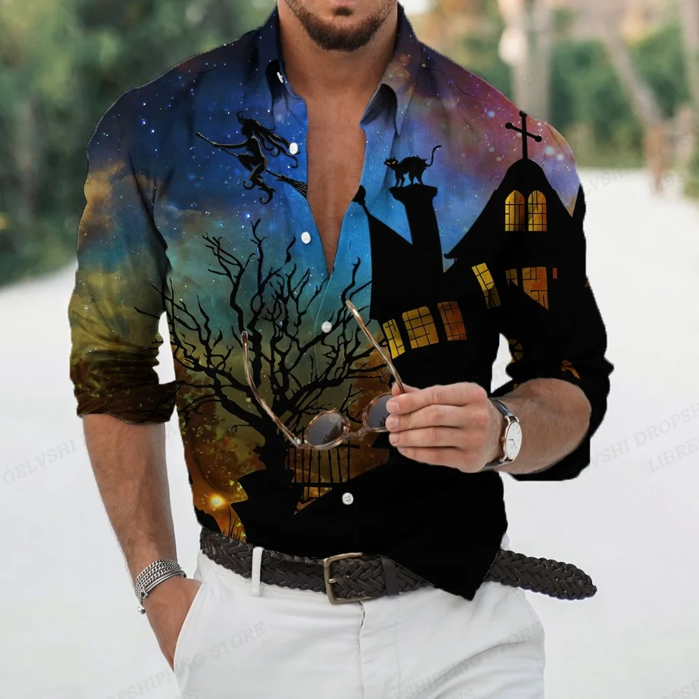 

Halloween Men's Fashion Casual Dress Long Sleeved Floral Shirt Hawaiian Cuban Collar Beach Harajuku Lapel Clothing Street Style