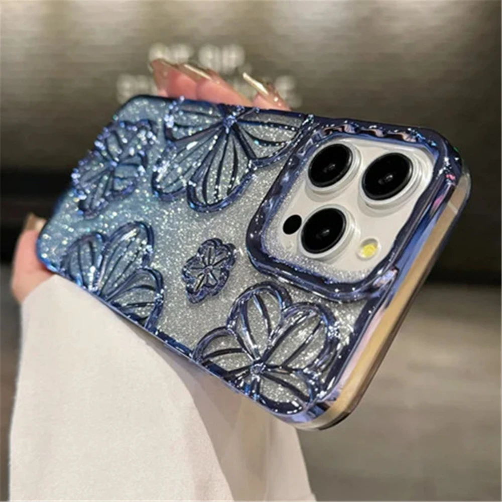 thumbnail image 1 of Luxury Plating Clear Bling Glitter Gradient Flowers Phone Case For iPhone 15 11 12 13 14 Pro Max Soft Silicone Shockproof Cover, 1 of 5