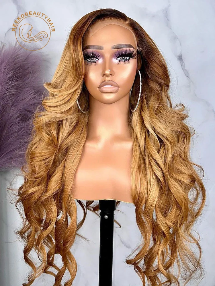 

Brown Ombre Lace Front Wig Wavy 13x6 HD Transparent Lace Frontal Wig 2 Tones Honey Blonde Colored Human Hair Wigs For Women