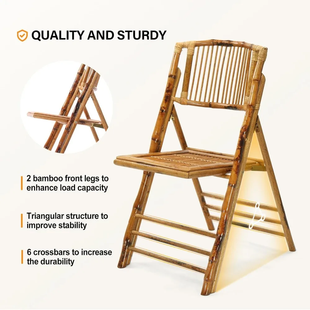 4 Pack Bamboo Folding Chair, Foldable Dining Wood Chairs, Comfortable Seat for Outdoor & Indoor, Patio, Porch, Wedding, Party 4