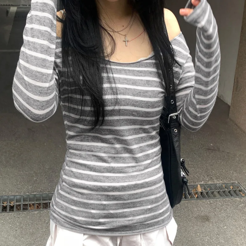 Lamuusaa Grunge Top y2k Clothes Women Cybercore Striped Off Shoulder Long Sleeve T Shirt 2000s Gothic Clothing Fall Streetwear 4