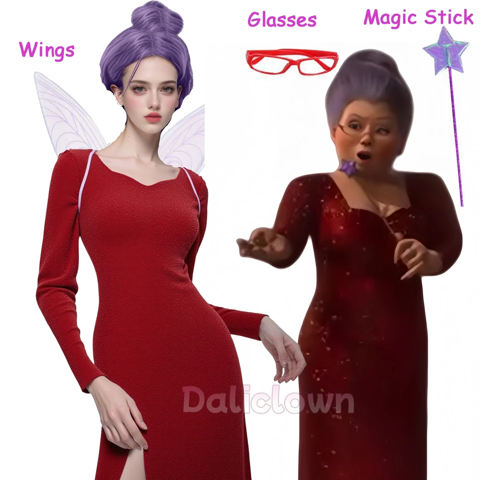 Shrek the Monster Fairy Godmother Cosplay Costume God Mother Long Red Dress  Women Carnival Party Fairy Wings Magic Stick Props - AliExpress 200000532