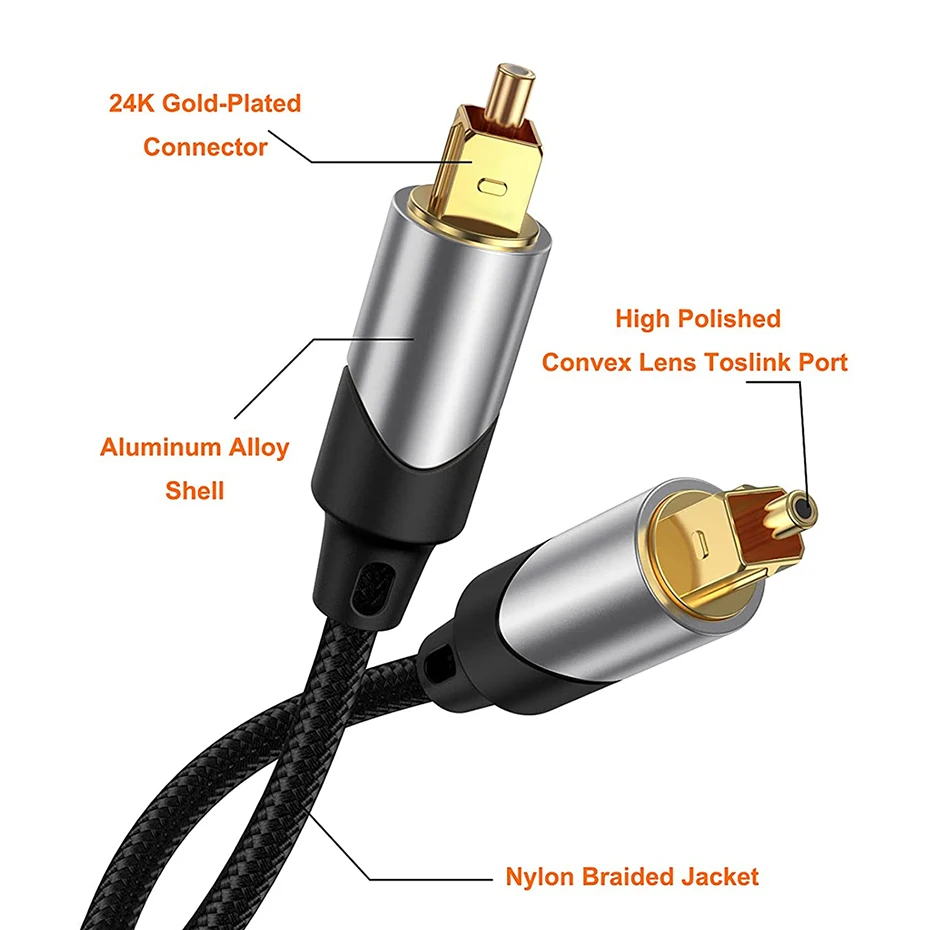EMK Cavo Audio Ottico Digitale 24K Placcato Oro Spina Intrecciato Nylon Cavo Fibra Ottica Toslink per Home Theater, Sound Bar, TV e Altro (5M