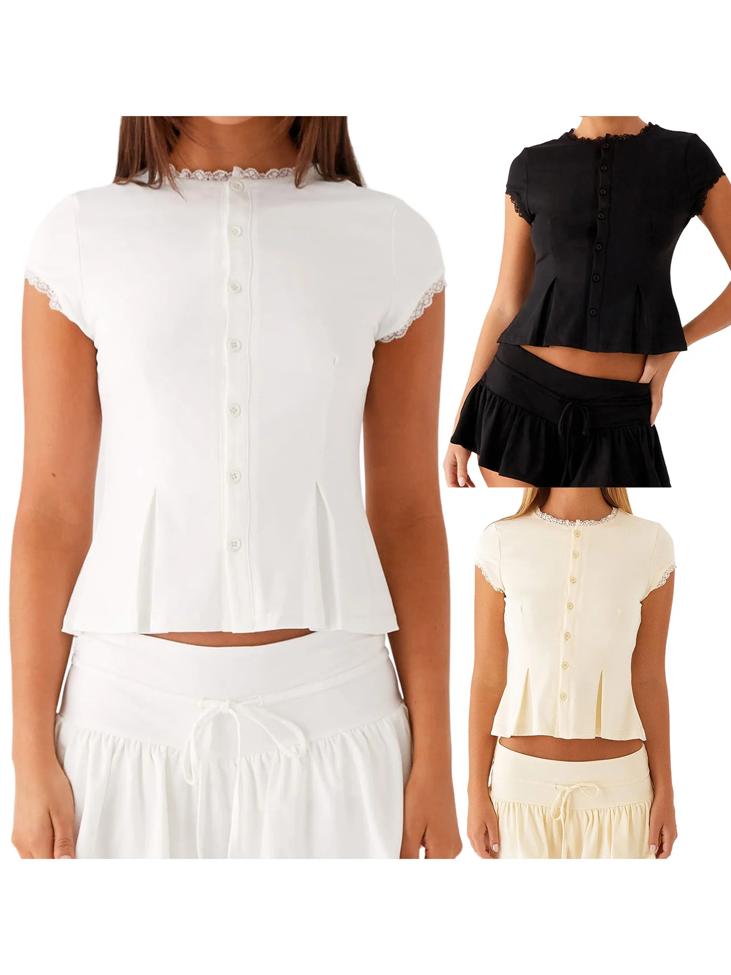 Elegant Floral Lace Blouse with Ruffled Cap Sleeves and Button-Up Front - Stylish Round Neck  Fit Shirt for Women