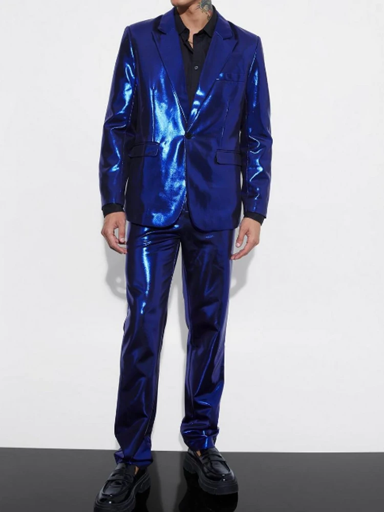 Bridalaffair Shining Blue Suits Waterproof Wedding Suit for Men Fashion Prom Stage Suit 2 piece Costume Homme Blazer Pants Set
