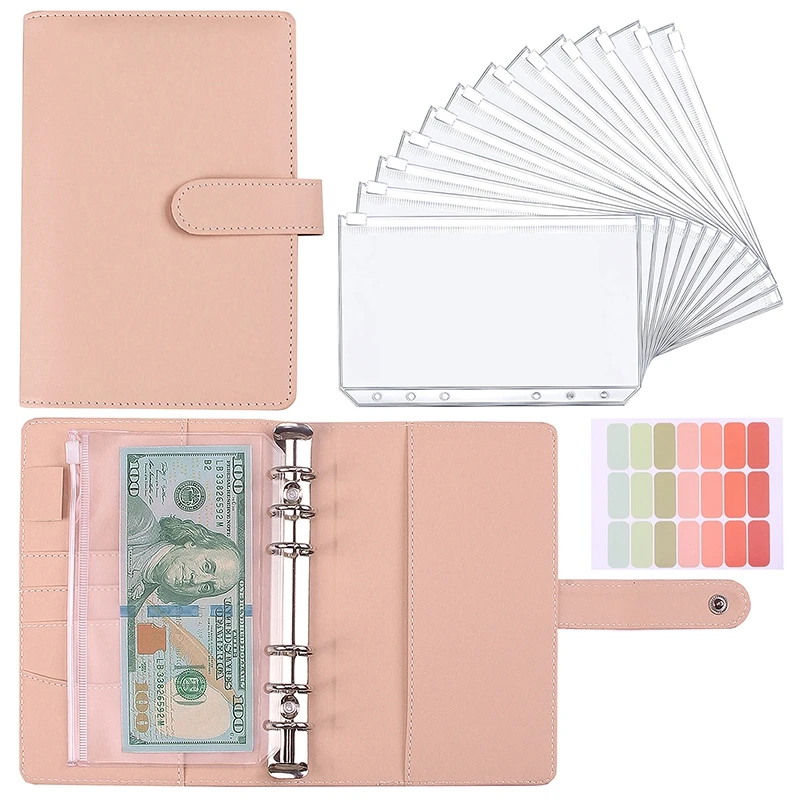 

Mini PU Leather A6 Binder Budget Planner Notebook Cash Envelope Organizer System with Clear Zipper Pockets Expense Budget Sheets