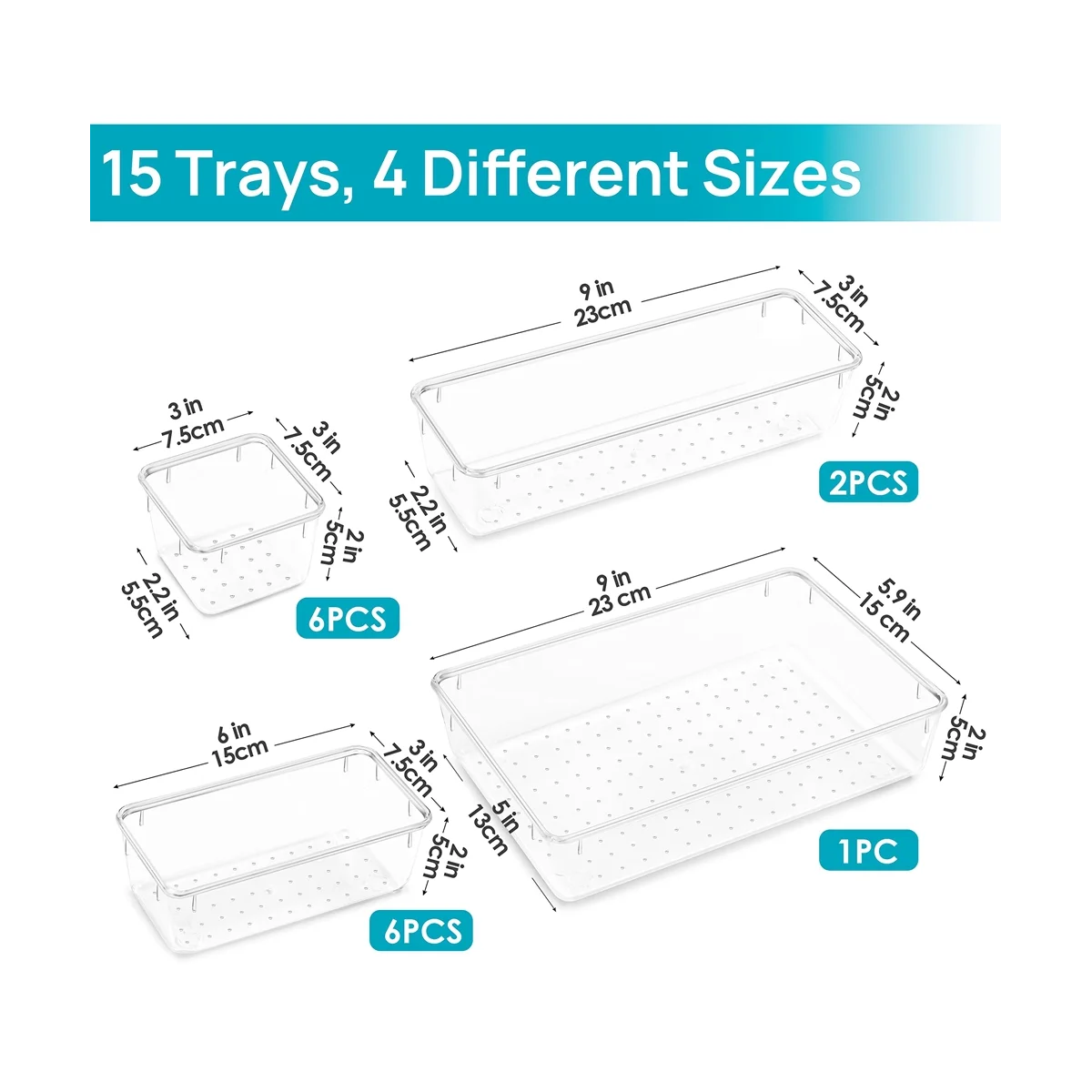 

15PCS Clear Plastic Drawer Organizer Set 4-Size Versatile Bathroom and Vanity Drawer Organizer Trays Storage Bins