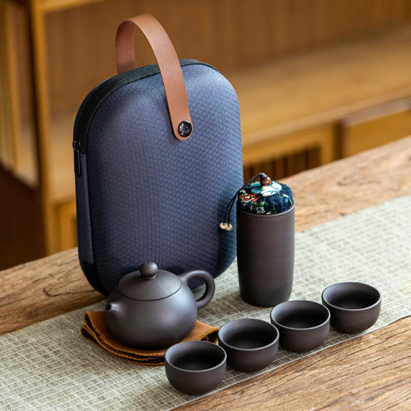 Tea Set Purple Sand Travel Teaware Set One Pot Four Cups Portable Crack Cup Kung Fu Tea Set Chinese Purple Sand