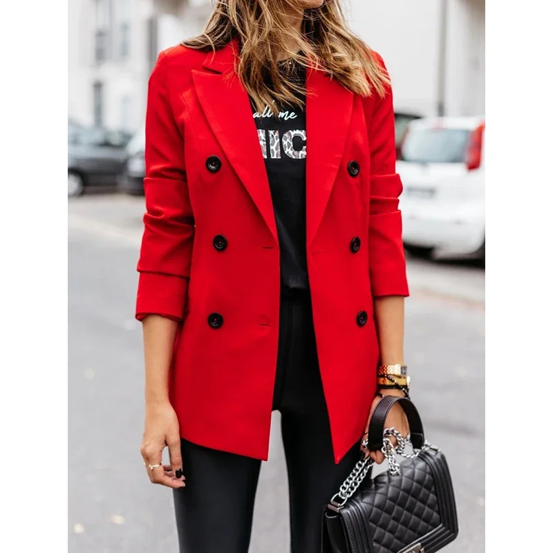 Women Double Breasted Blazer Coats Autumn Solid Long Sleeves Jackets Black Lapel Button Office Lady Khaki Business Suits Blazer