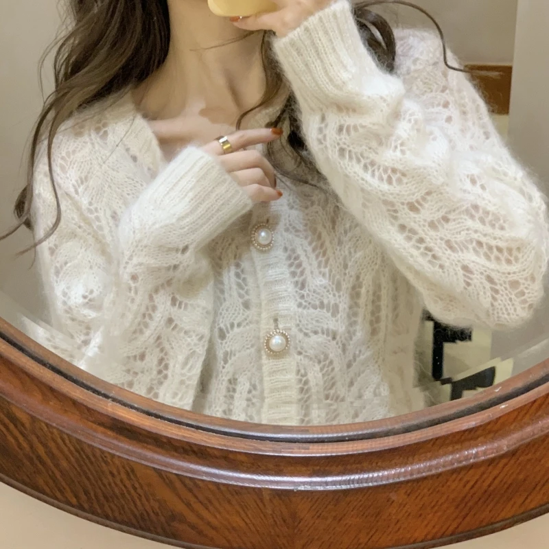 Autumn Vintage Elegant Female Cardigan Winter Long Sleeve Women Knitted Cardigan Sweaters Fashion Hollow Out Elegant Tops 16179 2