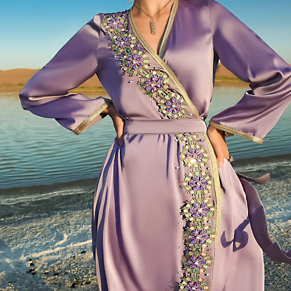Moroccan Caftan Fashion Ceremony Evening Dress Abaya Woman Dubai Luxury  Ramadan Muslim Clothes Female Robe Rhinestones L M