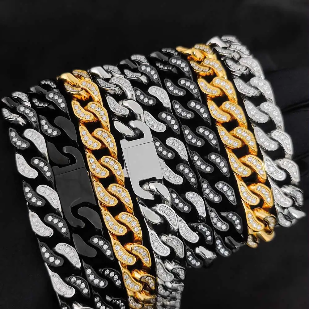 Hip Hop Jewelry Stainless Steel Ice Out Cuban Link Chain For Men