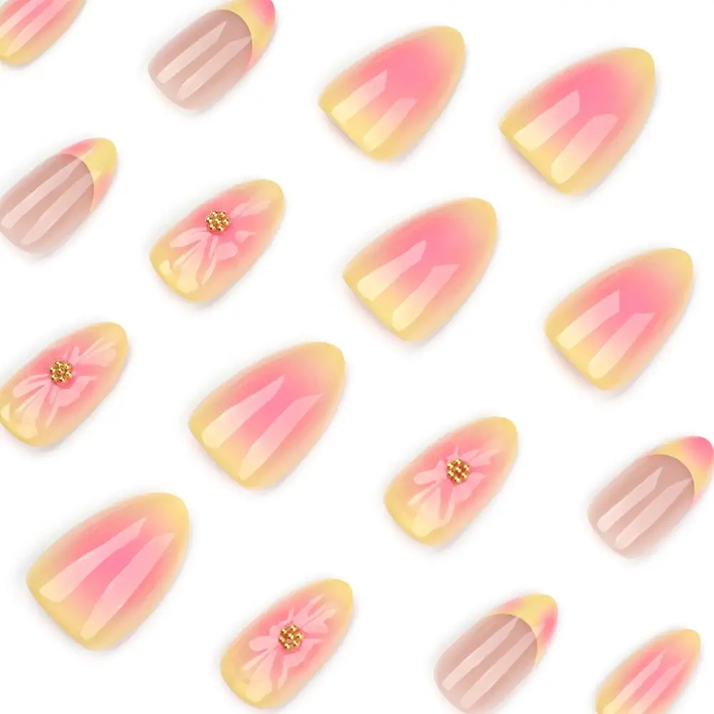 24pcs Manicure Long Almond False Nails Metallic Bow French Fake Nails 3D Flower Glitter Sequins Press on Nails Women