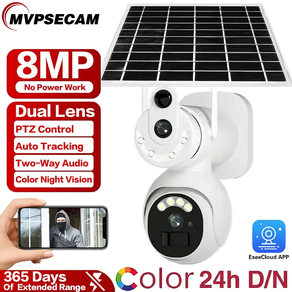 4K Wifi Ptz Camera 8Mp Hd Pannello Solare Dual Lens Monitoraggio Esterno Telecamera Cctv Smart Home Allarme Intrusione Bidirezionale Standby Lungo