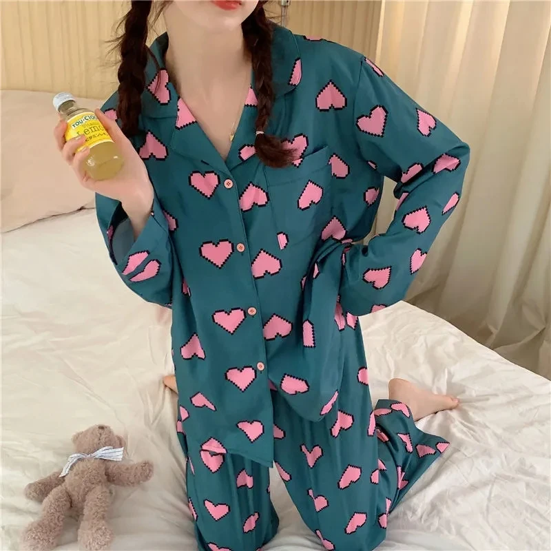 Spring and Autumn New style Pajamas for Girls Cute Pink Love Double long cardigan Small lapel Casual Sweet Pajamas for Girls