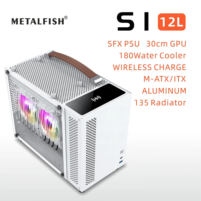 금속 물고기 S1 알루미늄 컴퓨터 케이스 무선 충전 게임 PC 섀시 M-ATX 미니 ITX/SFX PSU/135mm 라디에이터 미니 케이스 