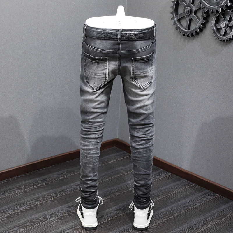 High Street Fashion Men Jeans Retro Black Gray Stretch Skinny Fit Ripped Jeans Men Leather Patched Designer Hip Hop Brand Pants 3