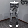 High Street Fashion Men Jeans Retro Black Gray Stretch Skinny Fit Ripped Jeans Men Leather Patched Designer Hip Hop Brand Pants 3