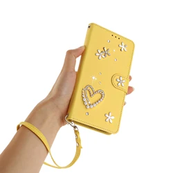 Sparkling Jeweled Leather Phone Case with Lanyard and Cardholder Wallet - Honor 80 GT (Yellow)
