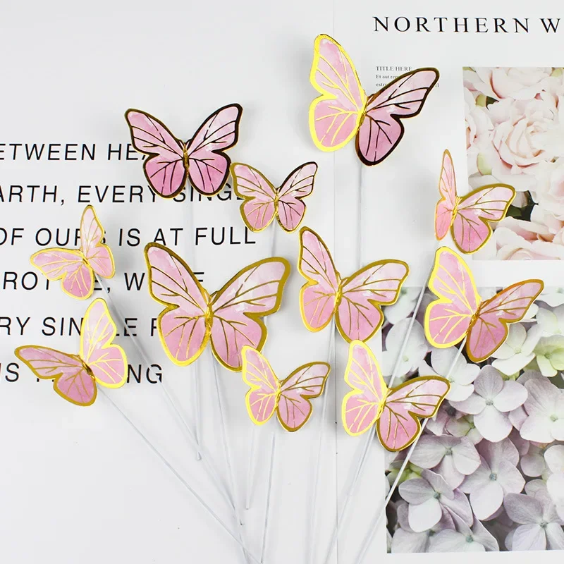 Cake Topper 10pcs Stamping Gold Pink Butterfly Cake Toppers Princess Girl Wedding Happy Birthday Party Decor Dessert Cake Decor Butterfly