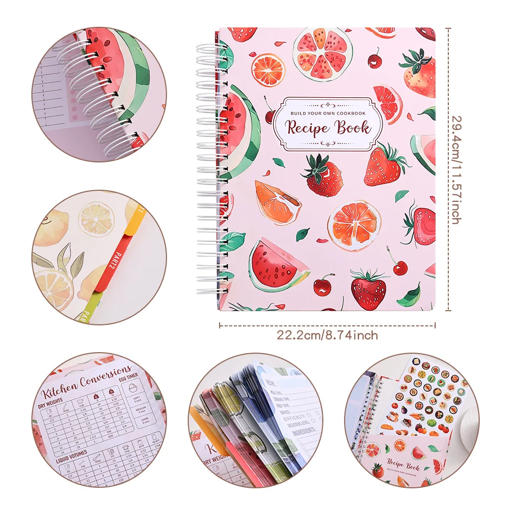 96 sheets Fruit Hardcover Recipe Book to Write in Your Own Recipes Large Personal Blank Recipe Notebook with Dividers Stickers