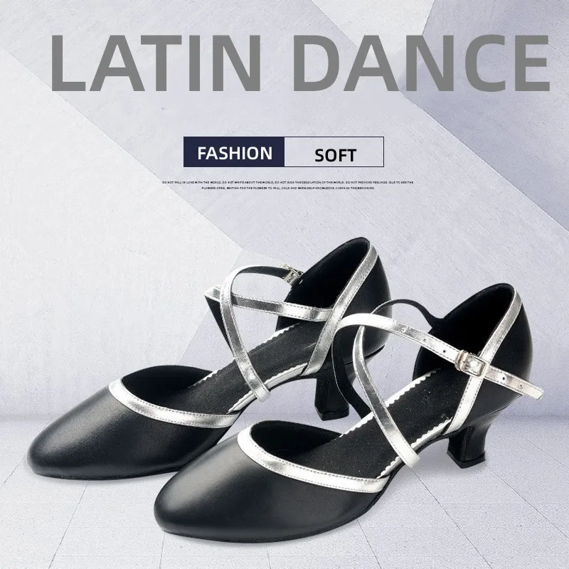 

Classic Women Pu Modern Latin Dance Shoes Ladies Ballroom Social Cha-Cha Dancing Sandals 5cm Stable Heel Suede Sole 2 Colours